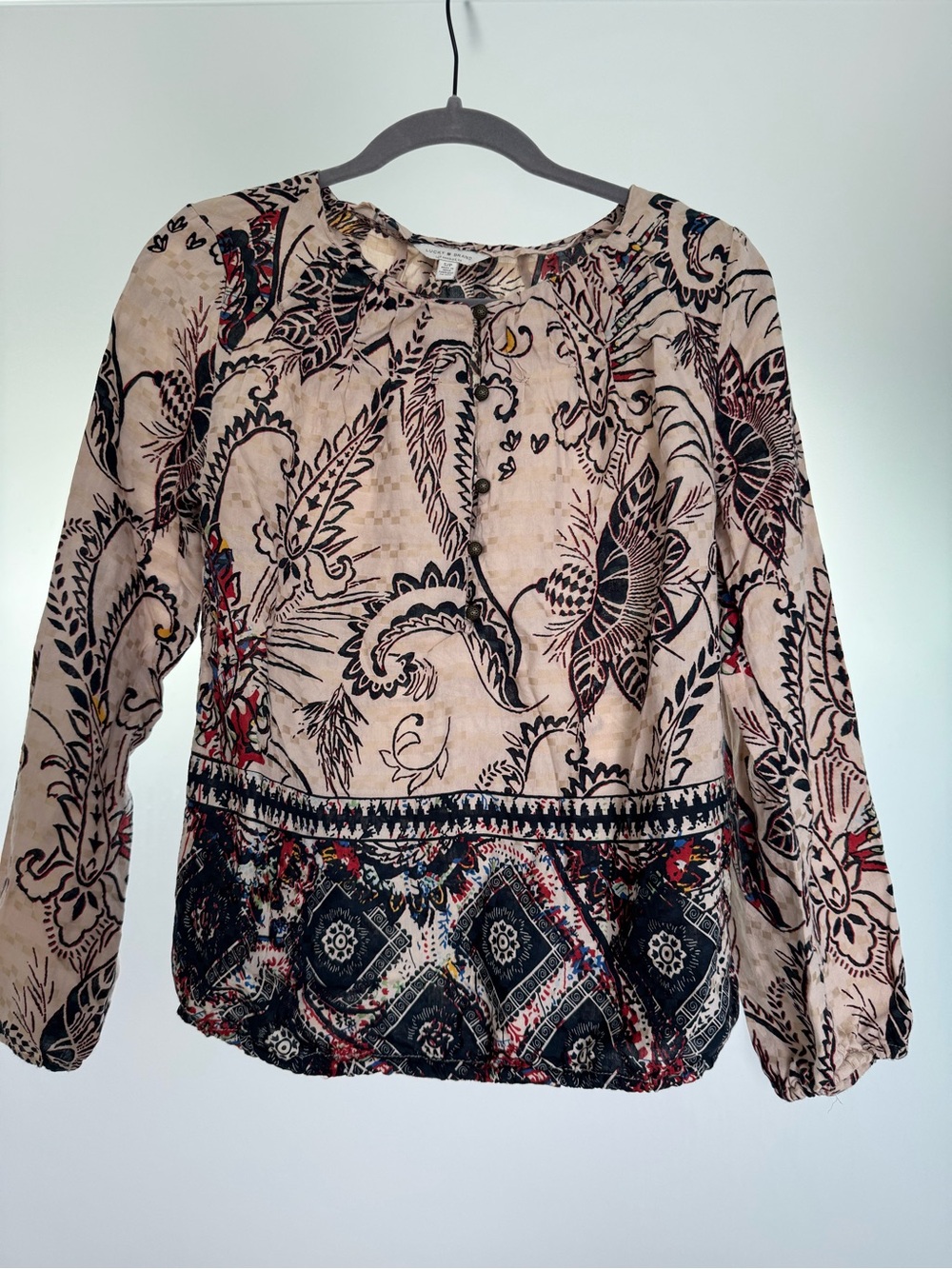 Lucky Boho Floral Print Long-Sleeve Women's Top - Beige/Black - S/P